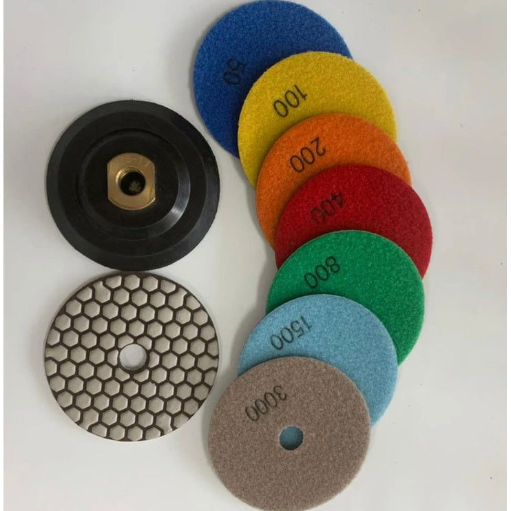 Diamant-Trocken-Schleifscheiben-Set 100 mm (8-tlg.) – 7 Körnungen (50–3000) + M14-Teller