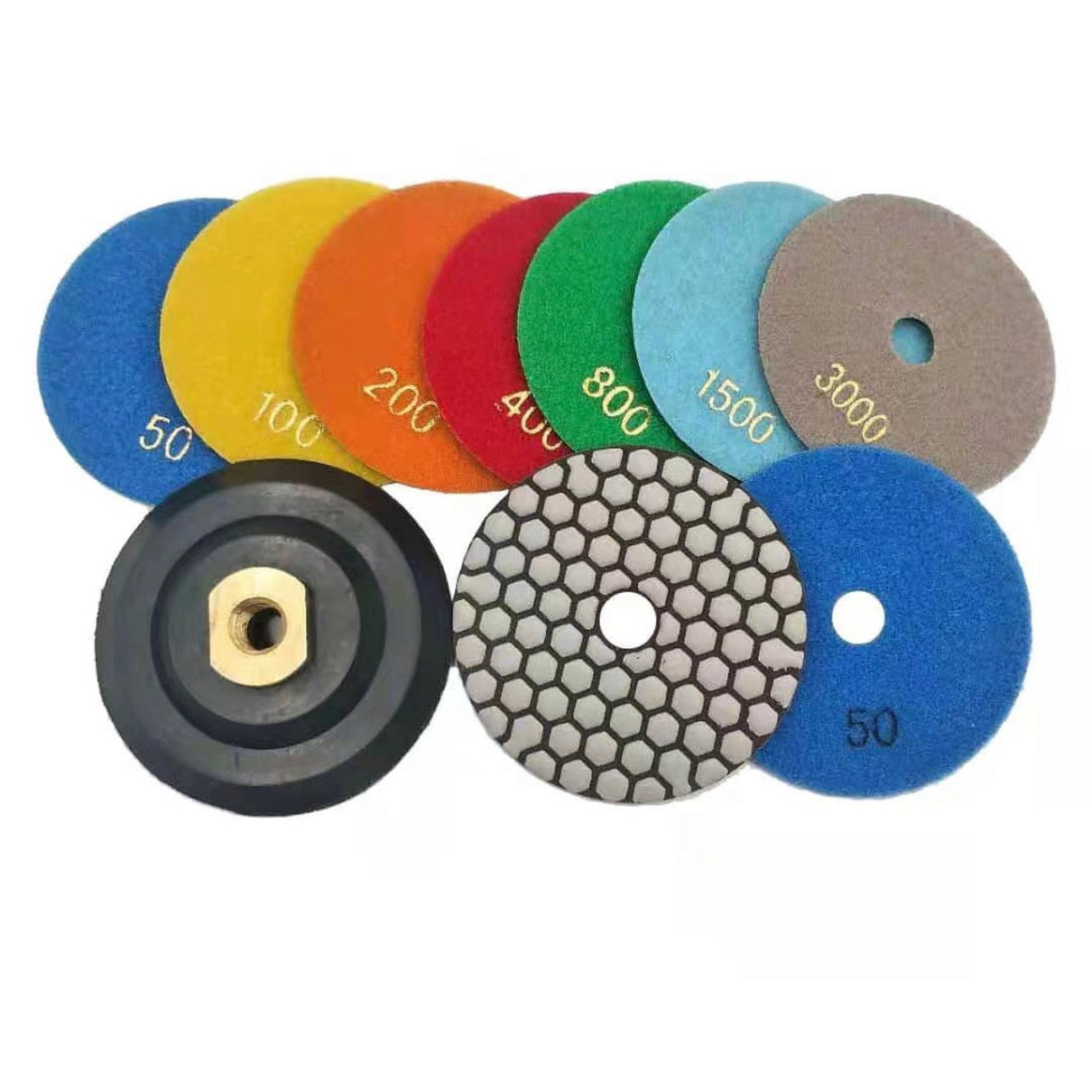 Diamant-Trocken-Schleifscheiben-Set 100 mm (8-tlg.) – 7 Körnungen (50–3000) + M14-Teller